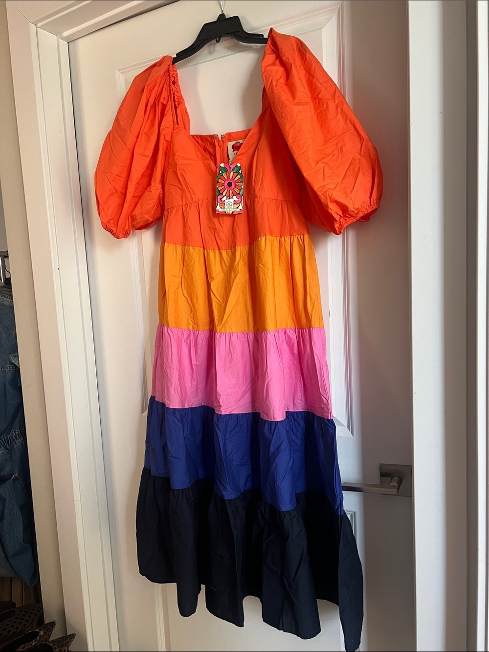 FARM Rio Colorblock Puff Sleeve Maxi Dress - Orange, Yellow, Pink, Blue, Black